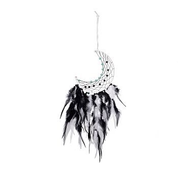 Iron Woven Web/Net with Feather Pendant Decorations, with Plastic Beads, Covered with Leather Cord, Moon, Black & White, 570mm
