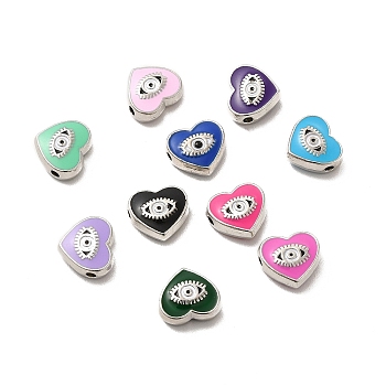 Alloy Enamel Beads, Heart with Horse Eye, Platinum, Mixed Color, 9x10x4mm, Hole: 1.6mm