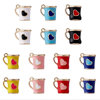 14Pcs 7 Colors Rack Plating Alloy Enamel Charms, Cadmium Free & Nickel Free & Lead Free, Cup, Light Gold, Mixed Color, 14x14x11mm, Hole: 1.5mm, 2pcs/color