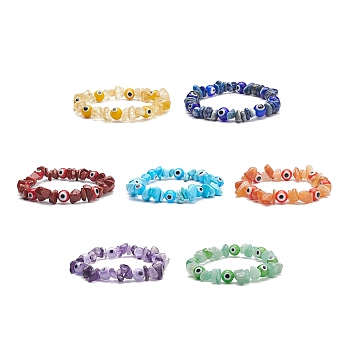 7Pcs 7 Style Natural & Synthetic Mixed Gemstone Chips & Lampwork Evil Eye Stretch Bracelets Set for Women, Inner Diameter: 2-1/8 inch(5.3cm), 1Pc/style