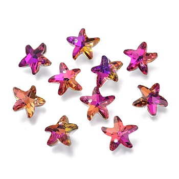 Electroplate Glass Charms, Starfish, Faceted, Back Plated, Fuchsia, 14x15x7mm, Hole: 1.4mm