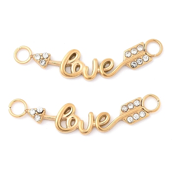 304 Stainless Steel Crystal Rhinestone Word Love Connector Charms, Ion Plating(IP), Golden, 7x28x1.5mm, Hole: 2.5mm