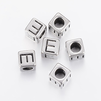 304 Stainless Steel Large Hole Letter European Beads, Cube with Letter.E, Antique Silver, 8x8x8mm, Hole: 5mm
