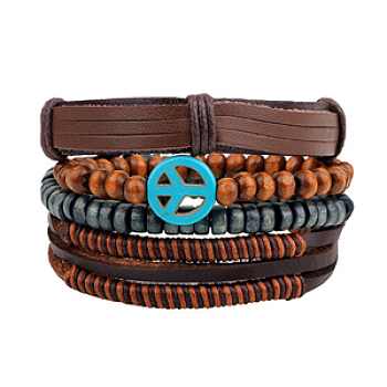 Multi-strand Bracelets, Stackable Bracelets, with Imitation Leather, Waxed Cotton Cord, Wooden Bead and Hemp Rope, Peace Sign, Coconut Brown, 60mm(2-3/8 inch), 4strands/set