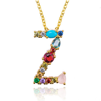 Golden Brass Micro Pave Cubic Zirconia Initial Pendants Necklaces, with Cable Chains, Colorful, Letter, Letter.Z, 17.9~18.1 inch(45.5~46cm)x1.5mm, LetterZ: 21x12x6mm