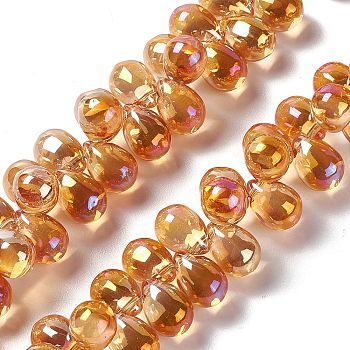 Electroplate Glass Beads Strands, Top Drilled Beads, Full Rainbow Plated, Teardrop, Orange, 13.5x9.5mm, Hole: 0.9mm, about 120pcs/strand, 23.23''(59cm)