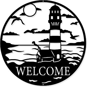 Iron Wall Art Decorations, for Front Porch, Living Room, Kitchen, Electrophoresis Black, Lighthouse Pattern, 300x1mm