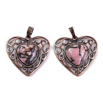 Natural Rhodonite Peach Love Heart Pendants, Rack Plating Brass Hollow Heart Charms, Cadmium Free & Lead Free, Red Copper, 29.5x30.5x7.5mm, Hole: 7.5x5mm