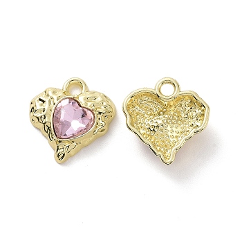 Rack Plating Alloy Glass Pendants, Cadmium Free & Lead Free & Nickle Free, Light Gold Tone Heart Charms, Pearl Pink, 18x17x5.5mm, Hole: 2.5mm