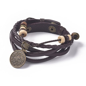 12 Constellation Snap Bracelets, Leather Cord with Brass Findings, Flat Round, Sagittarius, 8-5/8 inch(22cm)