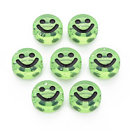 Transparent Acrylic Beads, with Glitter Powder, Flat Round with Black Enamel Smile Face, Pale Green, 10x5mm, Hole: 2mm, about 1450pcs/500g(MACR-N008-55-A06)