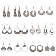 4 Sets 4 Style Tibetan Style Alloy Geometry Dangle Earrings for Women, Donut & Fan & Teardrop & Leaf & Flower, Antique Silver, 50.5~63.5x16.5~37mm, 3Pcs/set, 1 Set/style(EJEW-AN0003-86)