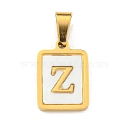 PVD Vacuum Plating 304 Stainless Steel Pave Natural White Shell Pendants, Rectangle with Letter Charms, Golden, Letter Z, 17.5x12x1.5mm, Hole: 6x3mm(STAS-S130-03G-Z)