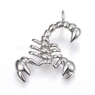 304 Stainless Steel Pendants, Scorpion, Stainless Steel Color, 35.5x24.5x4.5mm, Hole: 3mm(STAS-H365-06)