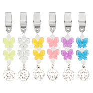Luminous Acrylic Butterfly Beaded Credit Card Clip Puller, Iron ID Card Clip Grabber with Tibetan Style Alloy Lotus Pendant, Mixed Color, 115mm, 6 colors, 1pc/color, 6pcs/set(AJEW-PH01536)