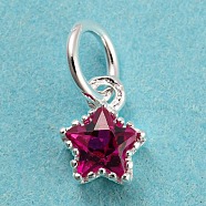925 Sterling Silver Charms, with Cubic Zirconia, Faceted Star, Silver, Medium Violet Red, 7x5x2.5mm, Hole: 3mm(STER-G035-01C-01)