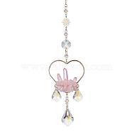 Natural Rose Quartz Wrapped Heart Hanging Ornaments, Leaf Glass Tassel Suncatchers for Home Outdoor Decoration, 282~288x54mm(HJEW-JM01614-02)