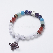 Chakra Jewelry, Natural Howlite and Mixed Stone Buddha Stretch Bracelets, with Brass Findings, Cube with Om Symbol, 2-1/4 inch(58mm), Pendant: 40x10mm(BJEW-K200-01-07AS)