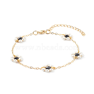 Shell Pearl & Acrylic Beads Flower Link Bracelets, with Brass Cable Chains, Golden, Black, 2mm, 7-1/4 inch(18.4cm)(X1-BJEW-TA00003-05)