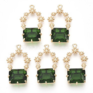 Golden Tone Brass Pendants, with Faceted Glass, Sea Green, 28~30x16~18x6.5mm, Hole: 1.6mm(GLAA-R212-09C)