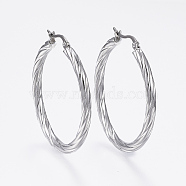 304 Stainless Steel Hoop Earrings, Hypoallergenic Earrings, Twist Stripe, Stainless Steel Color, 42x40x3.5mm, Pin: 1x0.8mm(X-EJEW-H322-17P)