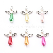 Imitation Pearl Acrylic Pendants, Antique Silver Alloy Heart Beads, Angel & Wings, Mixed Color, 34x23.5x7.5mm, Hole: 2x3mm(PALLOY-JF00620)