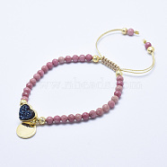 Natural Rhodochrosite Braided Bead Bracelets, with Electroplated Natural Lava Rock Beads, Druzy Crystal, Nylon Cord and Brass Findings, Flat Round & Heart, 2-1/8 inch(5.3cm)~3-1/8 inch(8cm)(BJEW-I258-G02)