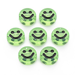 Transparent Acrylic Beads, with Glitter Powder, Flat Round with Black Enamel Smile Face, Pale Green, 10x5mm, Hole: 2mm, about 1450pcs/500g(MACR-N008-55-A06)