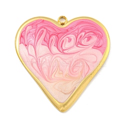 Ion Plating(IP) 304 Stainless Steel Pendants, with Enamel, Real 18K Gold Plated, Heart Charm, Hot Pink, 31x29x3.5mm, Hole: 2mm(STAS-U007-09A-G)