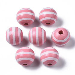 Painted Natural Wood European Beads, Large Hole Beads, Printed, Round with Stripe, White, 16x15mm, Hole: 4mm(WOOD-S057-047C)