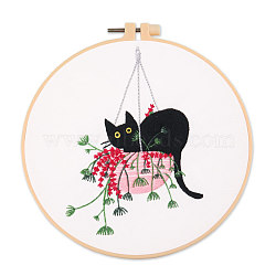 DIY Embroidery Kits, Including Printed Cotton Fabric, Embroidery Thread & Needles, Imitation Bamboo Embroidery Hoop, Cat Pattern, 200mm(PW22070168033)