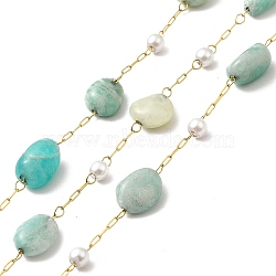 Ion Plating(IP) 316 Surgical Stainless Steel Paperclip Chains, with Natural Amazonite Nuggets Beads and Glass Beads, Soldered, Real 18K Gold Plated, with Spool, Link: 3x1x0.3mm, Glass: 3~4.5mm, Gemstone: 6~10x4~9.5x4~7mm(CHS-I019-13B)