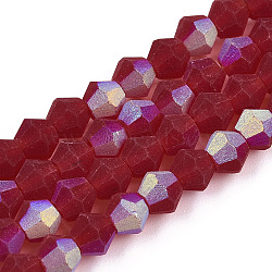Imitate Austrian Crystal Bicone Frosted Glass Beads Strands, Grade AA, Faceted, Dark Red, 4x4mm, Hole: 1mm, about 87~89pcs/strand, 13.19~13.39 inch(33.5~34cm)(GLAA-F029-TM4mm-A27)
