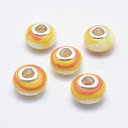 Handmade Polymer Clay European Beads, with Silver Color Plated Brass Cores, Large Hole Beads, Rondelle, Orange, 13~16x8~11mm, Hole: 4.5~5mm(CLAY-K002-L12)