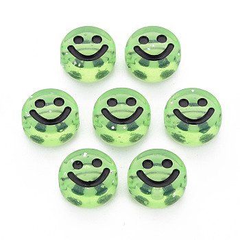 Transparent Acrylic Beads, with Glitter Powder, Flat Round with Black Enamel Smile Face, Pale Green, 10x5mm, Hole: 2mm, about 1450pcs/500g
