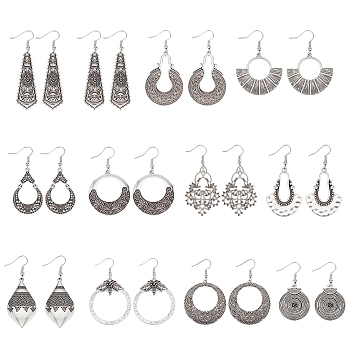 4 Sets 4 Style Tibetan Style Alloy Geometry Dangle Earrings for Women, Donut & Fan & Teardrop & Leaf & Flower, Antique Silver, 50.5~63.5x16.5~37mm, 3Pcs/set, 1 Set/style