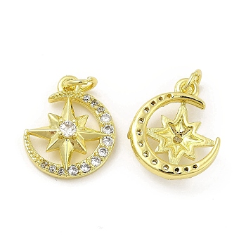 Brass Micro Pave Cubic Zirconia Pendants, with Jump Ring, Moon with Star Charm, Golden, 16x13.4x4mm, Hole: 2.5mm