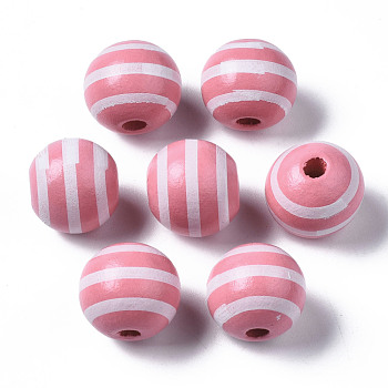 Painted Natural Wood European Beads, Large Hole Beads, Printed, Round with Stripe, White, 16x15mm, Hole: 4mm