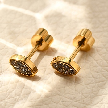 Ion Plating(IP) 304 Stainless Steel Stud Earrings, with Rhinestone, Real 14K Gold Plated, Horse Eye, Crystal, 3.5x5.5mm