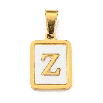 PVD Vacuum Plating 304 Stainless Steel Pave Natural White Shell Pendants, Rectangle with Letter Charms, Golden, Letter Z, 17.5x12x1.5mm, Hole: 6x3mm