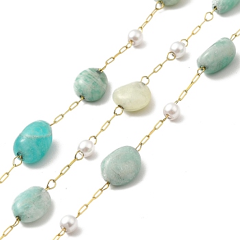 Ion Plating(IP) 316 Surgical Stainless Steel Paperclip Chains, with Natural Amazonite Nuggets Beads and Glass Beads, Soldered, Real 18K Gold Plated, with Spool, Link: 3x1x0.3mm, Glass: 3~4.5mm, Gemstone: 6~10x4~9.5x4~7mm