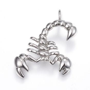 304 Stainless Steel Pendants, Scorpion, Stainless Steel Color, 35.5x24.5x4.5mm, Hole: 3mm