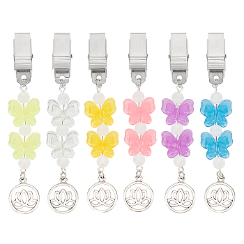 Luminous Acrylic Butterfly Beaded Credit Card Clip Puller, Iron ID Card Clip Grabber with Tibetan Style Alloy Lotus Pendant, Mixed Color, 115mm, 6 colors, 1pc/color, 6pcs/set