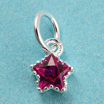 925 Sterling Silver Charms, with Cubic Zirconia, Faceted Star, Silver, Medium Violet Red, 7x5x2.5mm, Hole: 3mm