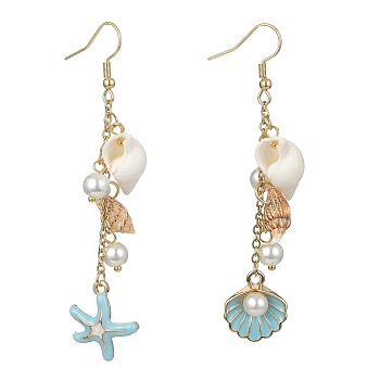 Alloy Enamel Starfish Dangle Earrings, Shell Pearll & Shell Asymmetrical Earrings, Sky Blue, 77x17mm