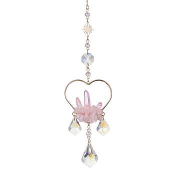 Natural Rose Quartz Wrapped Heart Hanging Ornaments, Leaf Glass Tassel Suncatchers for Home Outdoor Decoration, 282~288x54mm