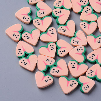 Handmade Polymer Clay Cabochons, Fashion Nail Art Decoration Accessories, Heart with Smile, Light Salmon, 10~11x11~12x2~3mmk, about 2000~2500pcs/500g