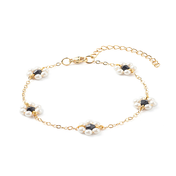 Shell Pearl & Acrylic Beads Flower Link Bracelets, with Brass Cable Chains, Golden, Black, 2mm, 7-1/4 inch(18.4cm)