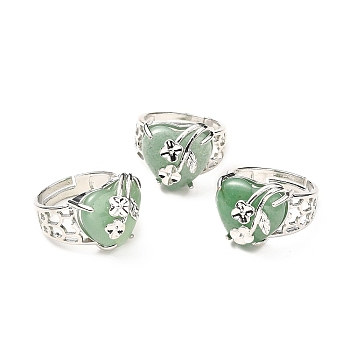 Natural Green Aventurine Adjustable Rings, Platinum Tone Heart with Flower Brass Rings for Women, Cadmium Free & Lead Free, US Size 6 3/4(17.1mm), 4.5~9mm