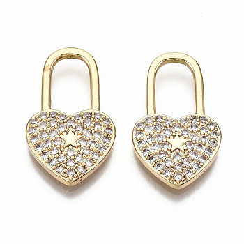 Brass Micro Pave Clear Cubic Zirconia Pendants, Nickel Free, Heart Lock with Star, Real 18K Gold Plated, 21.5x12.5x2.5mm, Hole: 9.5x5.5mm